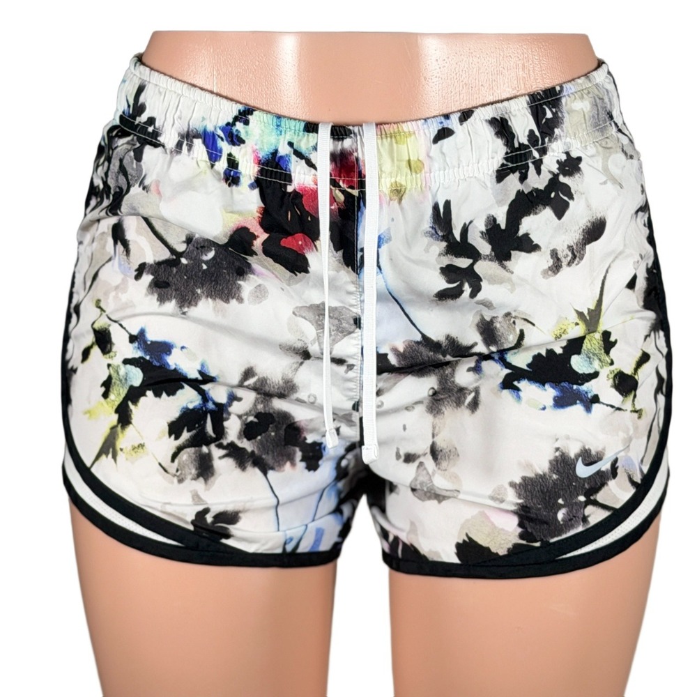 Nike Dri-FIT Women Floral Running Shorts XS White Black Abstract Mesh Trim